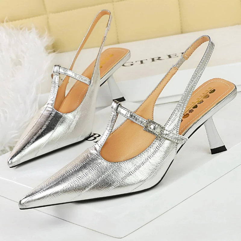 BIGTREE Shoes Rhinestone buckle Kitten high heels 6.5 cm stilettos Summer Women Sandals Hollow out hook strap heeled sandals