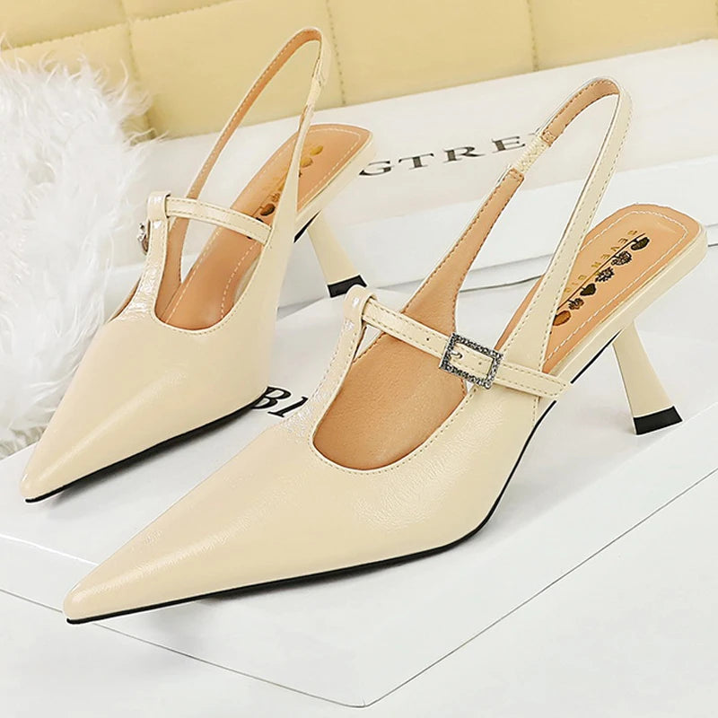 BIGTREE Shoes Rhinestone buckle Kitten high heels 6.5 cm stilettos Summer Women Sandals Hollow out hook strap heeled sandals