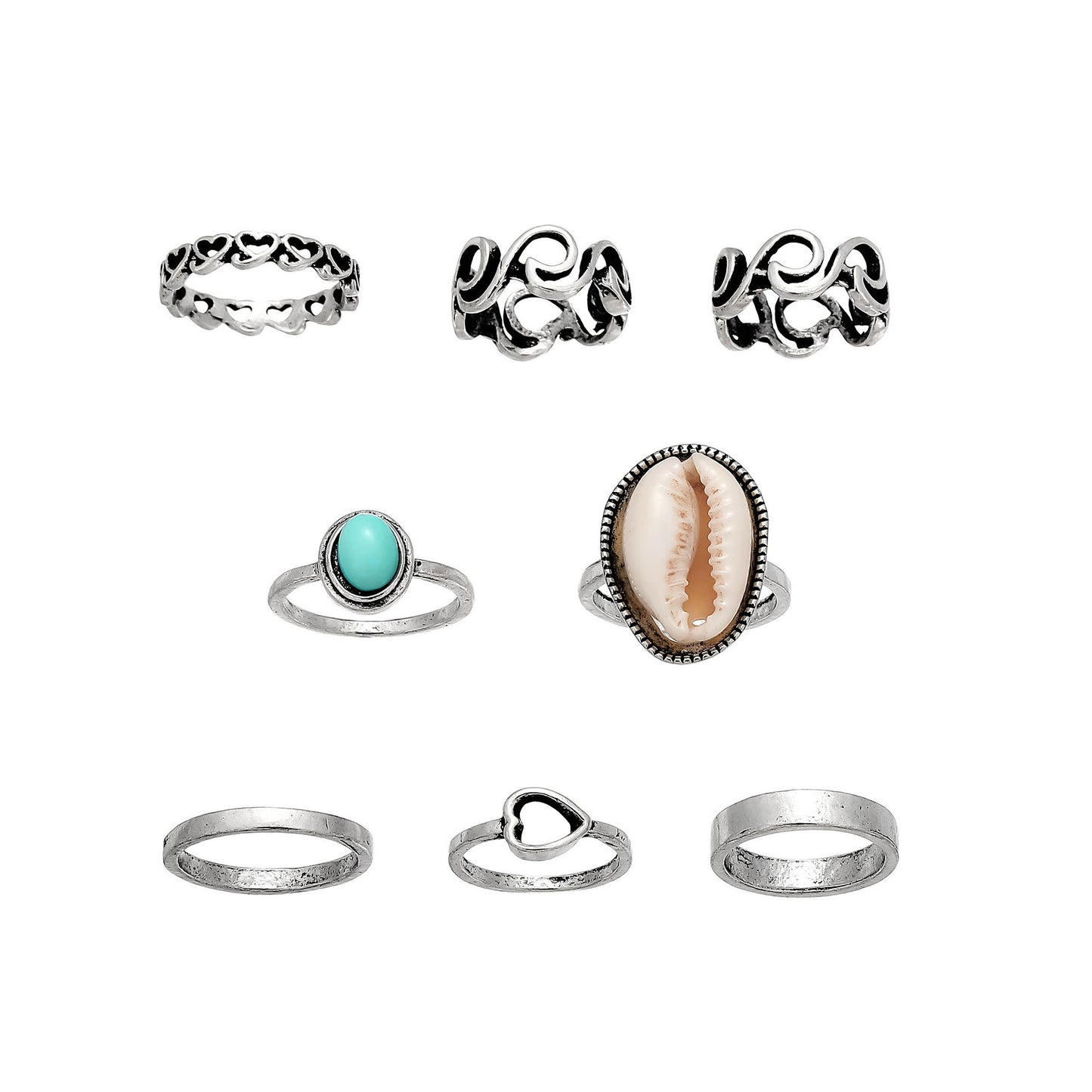 Personality Heart Shell Turquoise 8 Pieces Set Rings