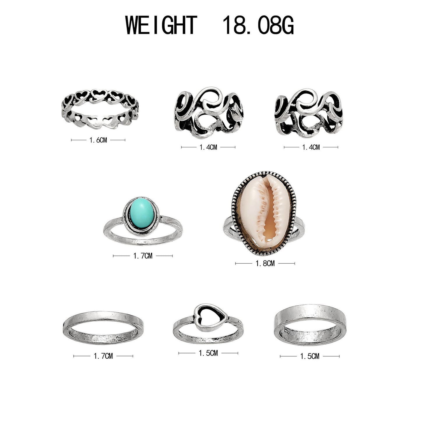 Personality Heart Shell Turquoise 8 Pieces Set Rings