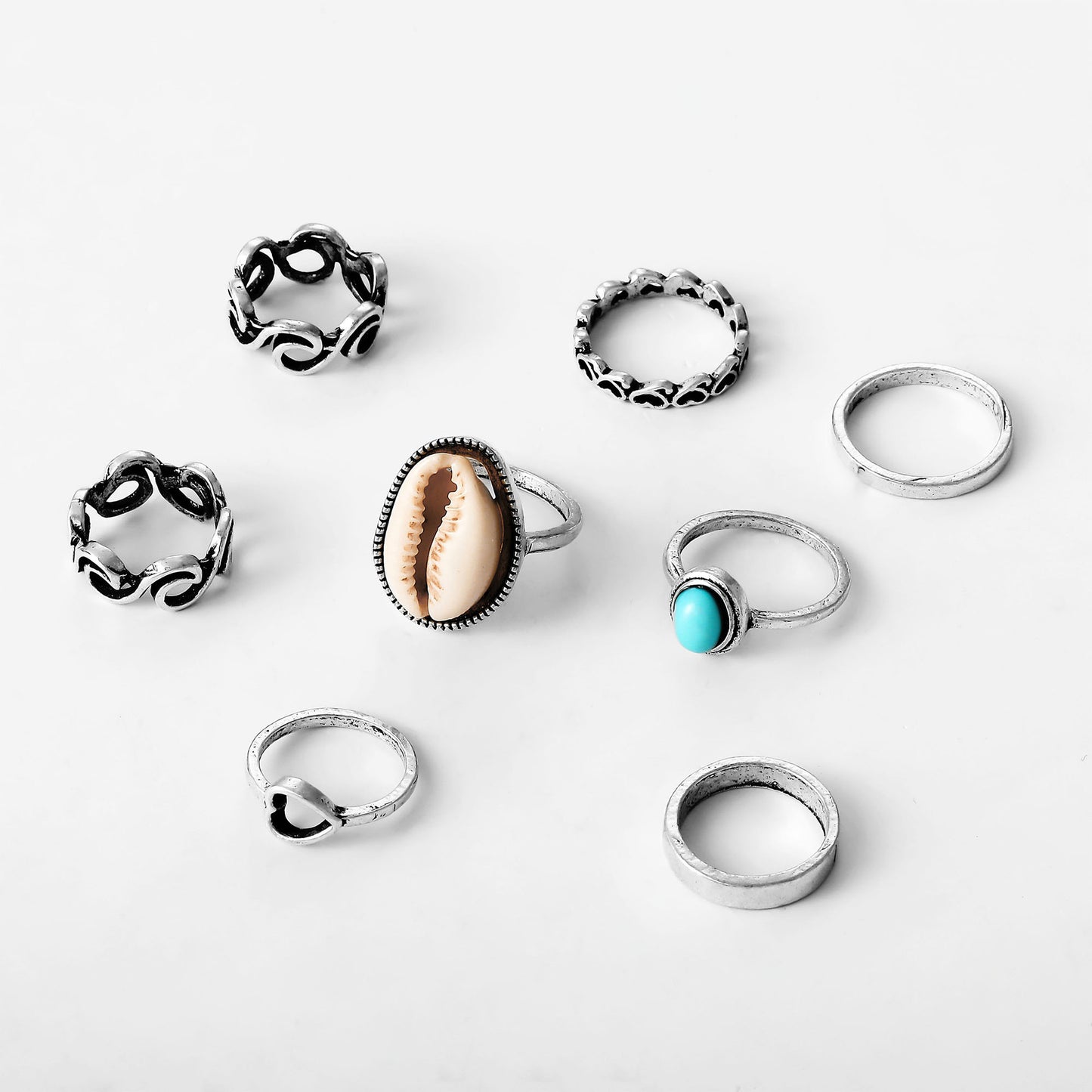 Personality Heart Shell Turquoise 8 Pieces Set Rings