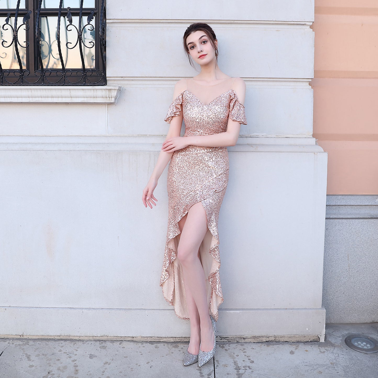 Short Front And Long Back Sequins Long Formal Dress Prom Party