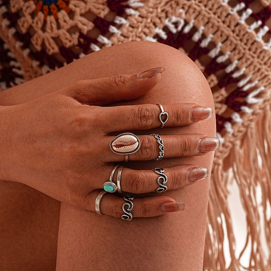 Personality Heart Shell Turquoise 8 Pieces Set Rings